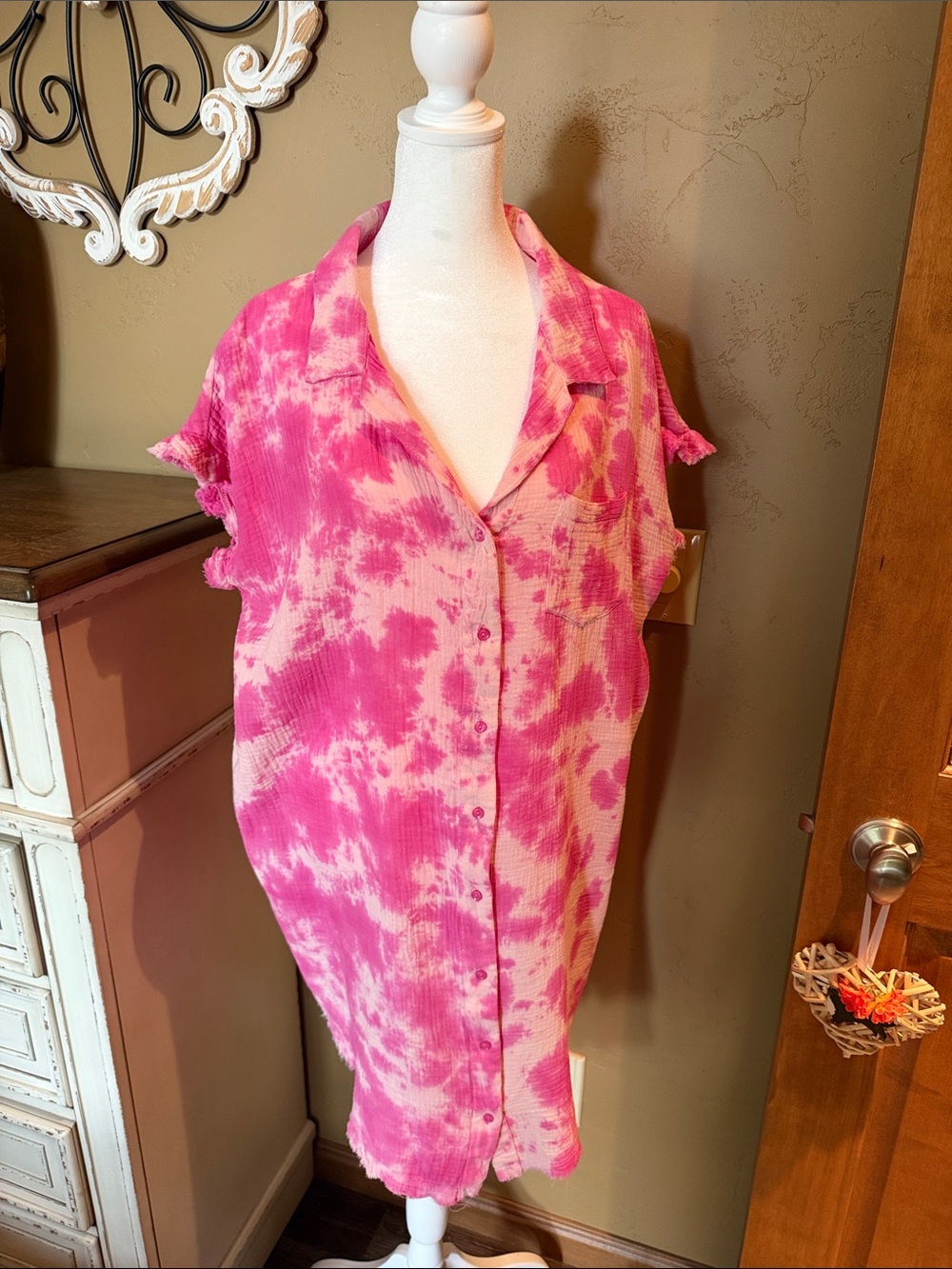 Umgee Pink Tie-Dye Button Down Short Sleeve Top